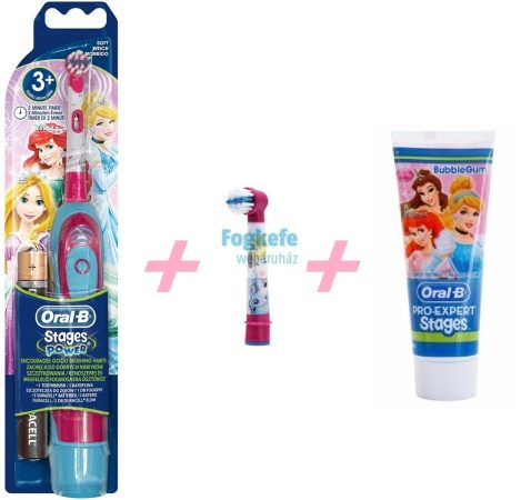 Hercegnő Csomag I: Oral-B Stages Power (DB4510K) gyermek elemes fogkefe Princess + 1 db pótkefe + 1 Stages fogkrém 